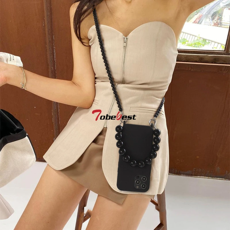 INS Crossbody Lanyard Necklace Silicone Phone Case with Round Bead Chain