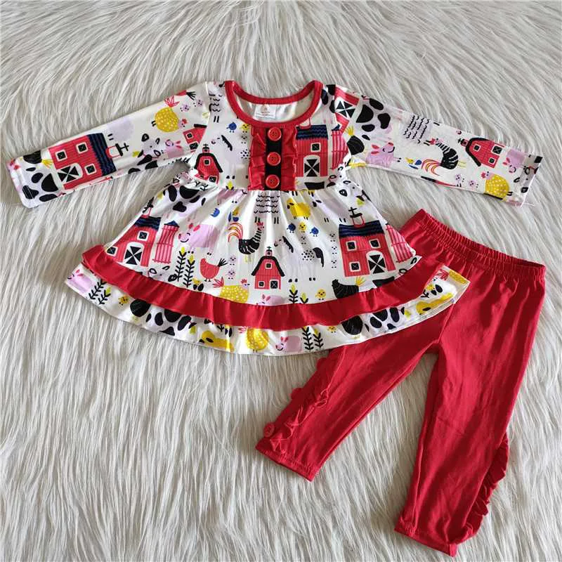 

New Spring Arrival Kids Farm Print White Long Sleeve Red Pants Boutique Wholesale Baby Girls Children Clothing Outfits