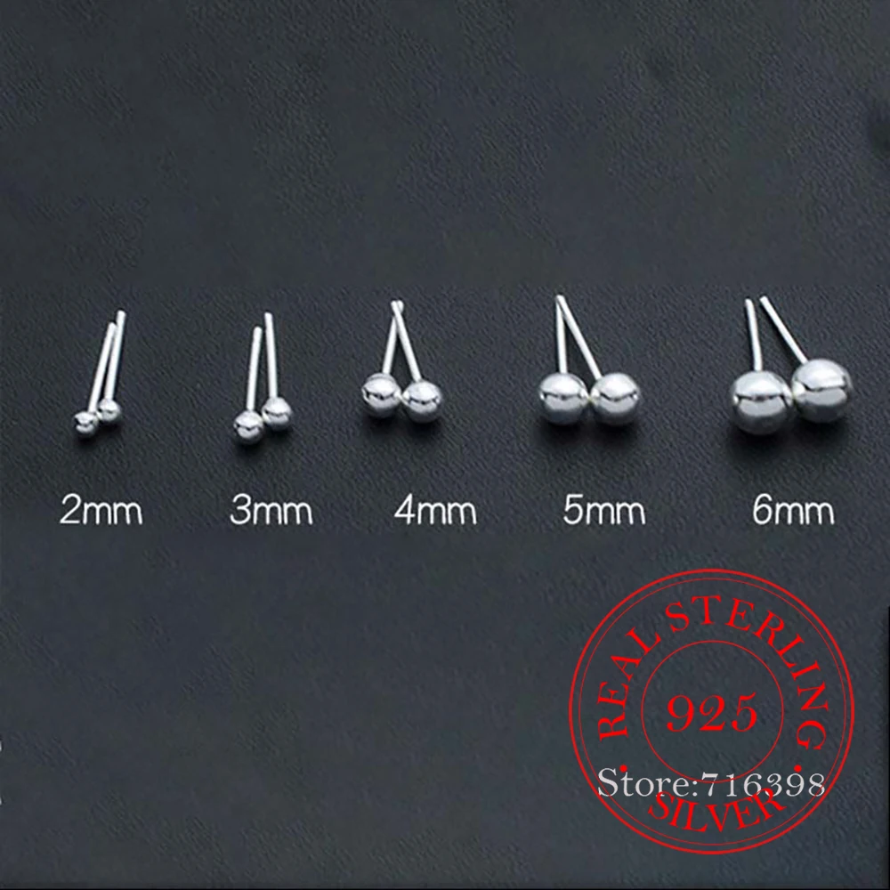 

925 Sterling Silver 2mm/3mm/4mm/5mm/6mm Solid Ball Stud Earrings for Women Girls Piercing Jewelry Women's Party Wedding Charms