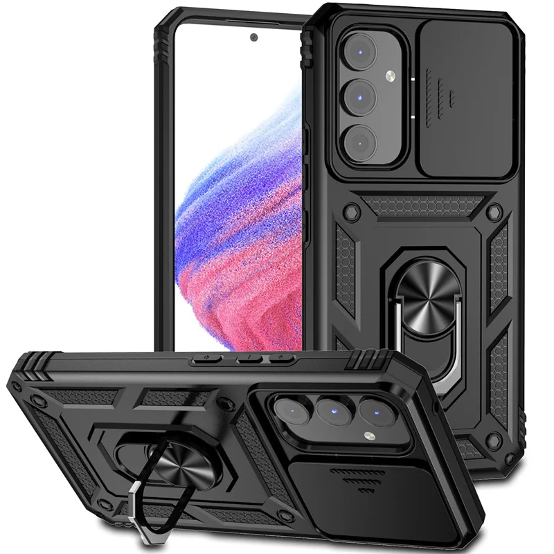 Durable Armor Case with Ring Holder and Slide Lens Protection