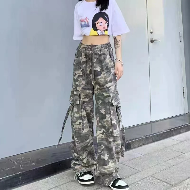 

American retro camouflage overalls women's loose casual jeans high waist straight overalls street versatile jeans women