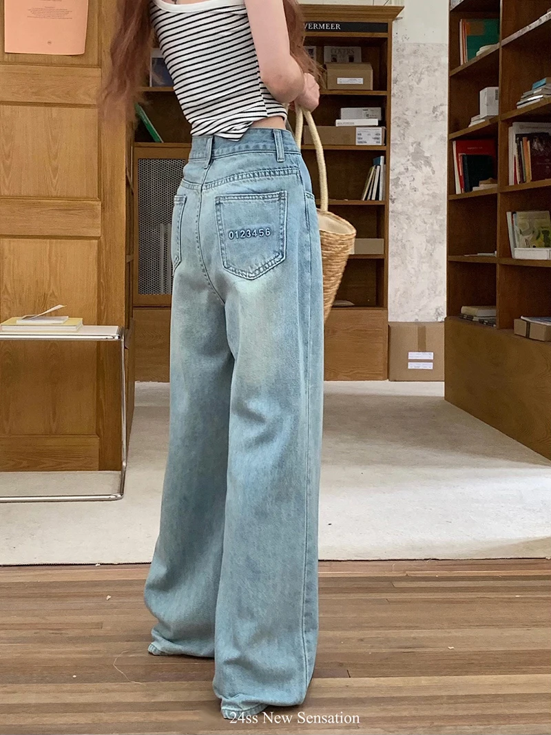 

Slergiri High Waisted Loose Wide-leg Casual Mom Jeans Spring 2024 Womens Vintage Full Length Korean Fashion Straight Denim Pants