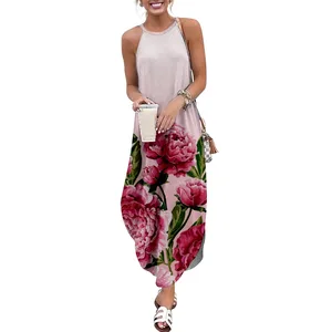 Butterfly Floral  Print Women Casual Short Sleeve Camisole Dress Loose Long Double Pocket Beach Resort DressWoman Dress-