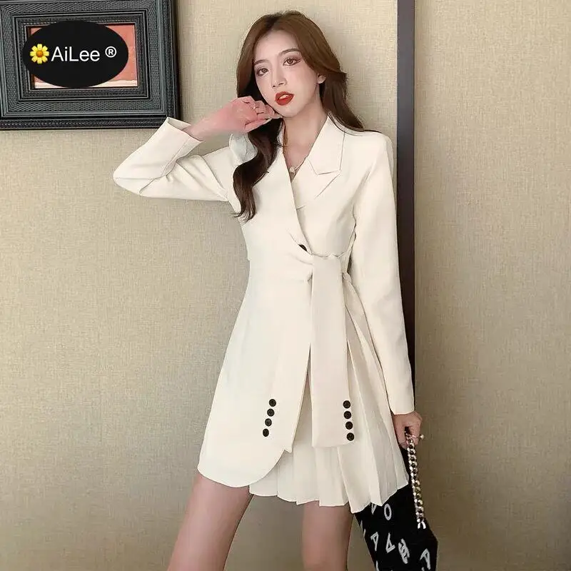 M-4XL Pleated Belt Blazer Suit Skirt Chic Autumn Trendy Women Lapel Tie Wide Loose Fashion Office Apricot Long Sleeve Suit Dress