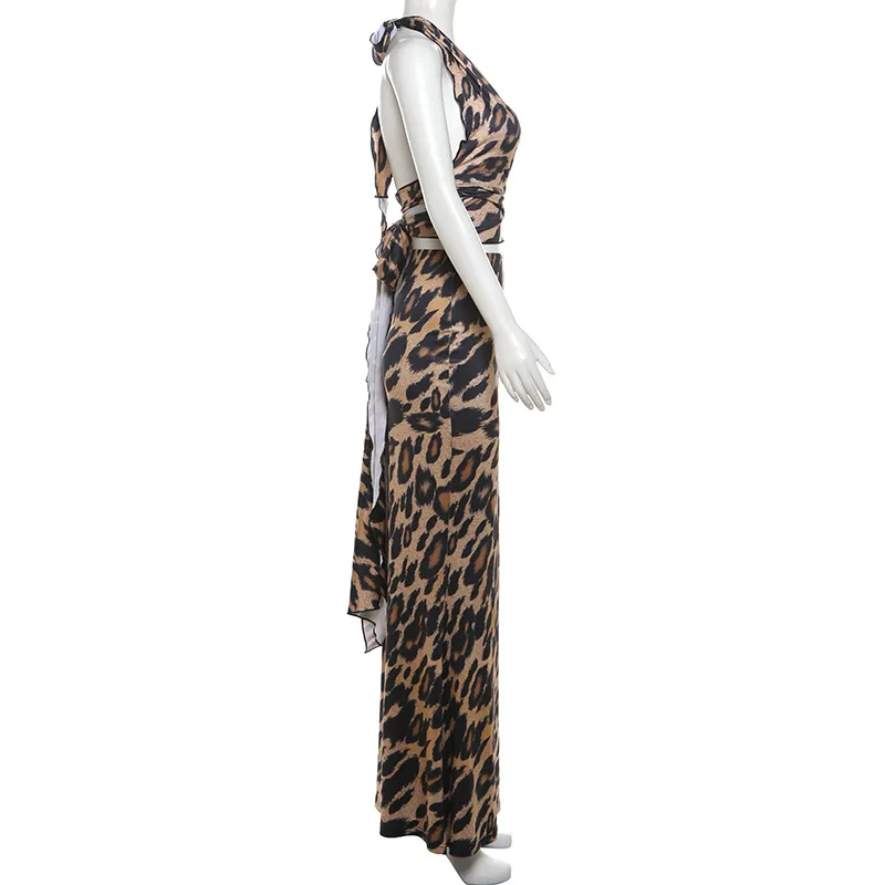 Leopard Print Bodycon Women Y2K Maxi Dress Set Summer Halter