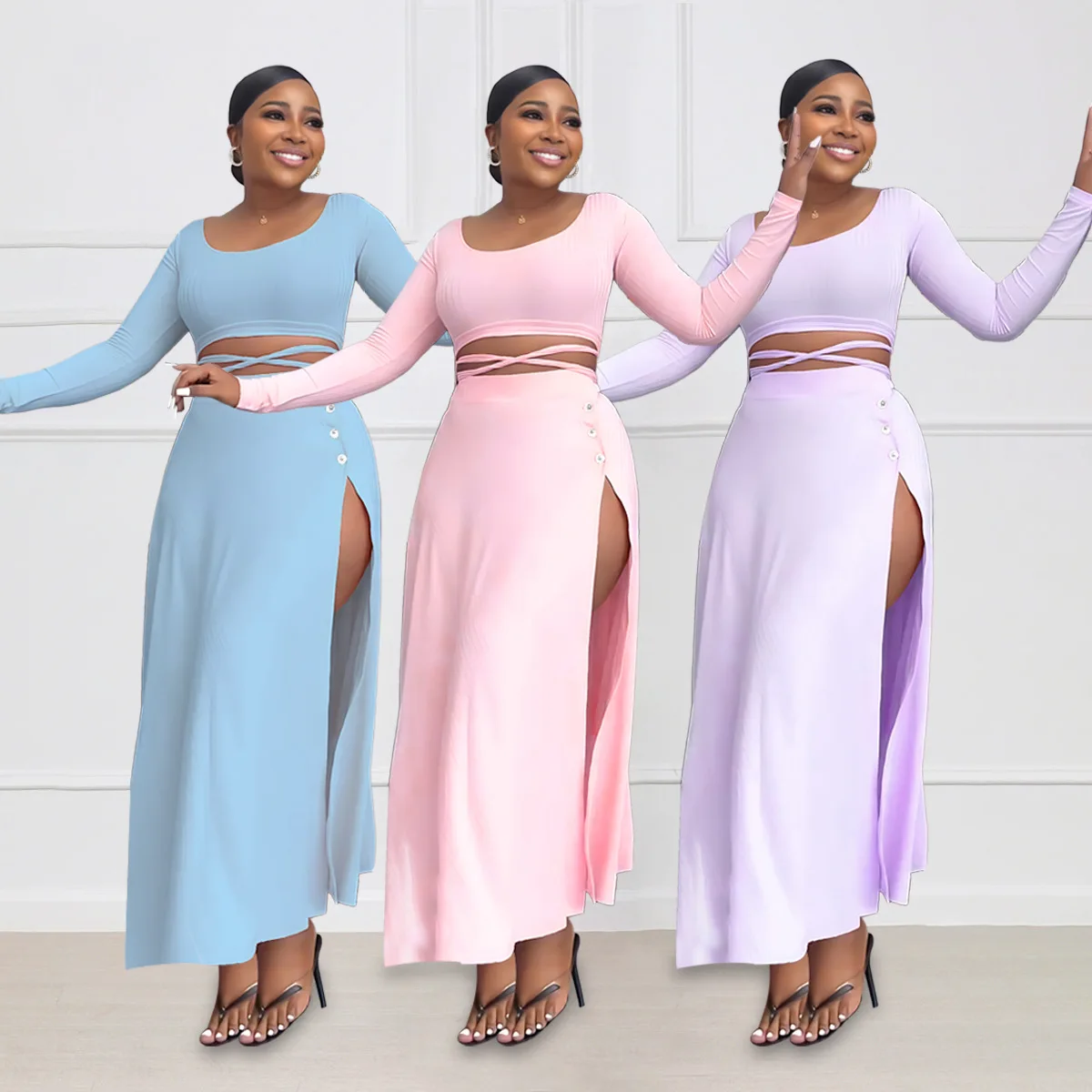 

Summer Fashion Party Sexy Dress Sets Long Sleeve Slim Big U-neck Tops and High Split Skirt Two-piece Set Elegant Women Clothes