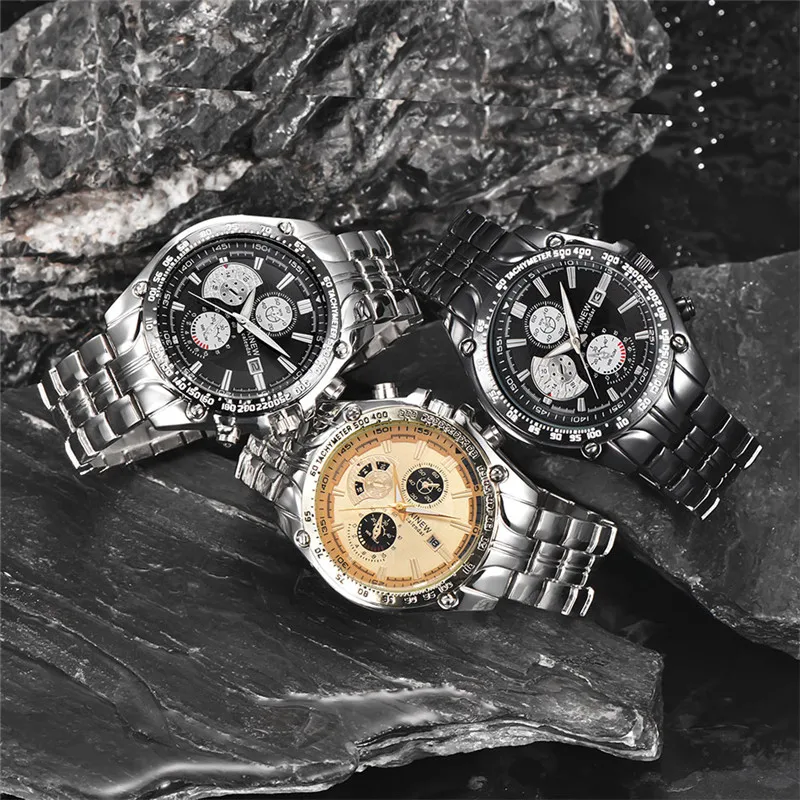 Original XINEW Brand Men Watches Black Fashion Casual Alloy Band Date Gifts Quartz Wrist Watch Silver Relogios Masculinos 2025