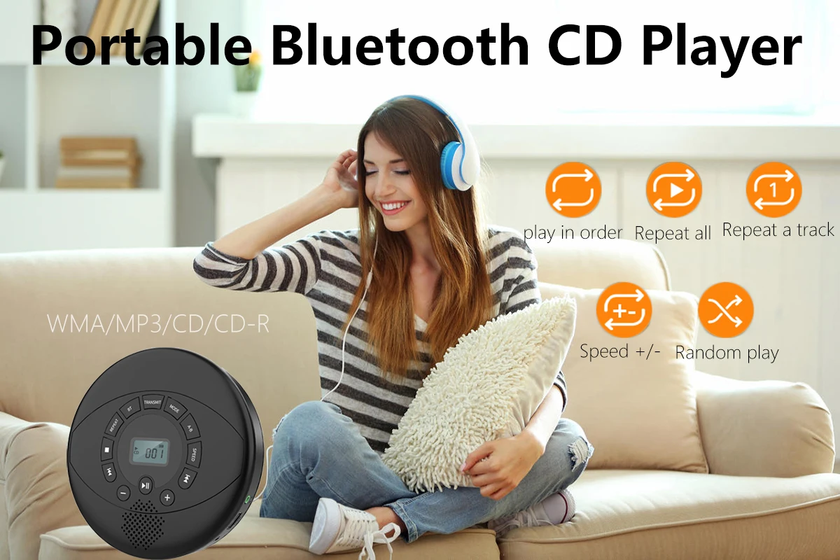 Portable CD Player Bluetooth CD Walkman Built in Speakers Rechargeable CD Player  with USB/AUX/Headphone Port