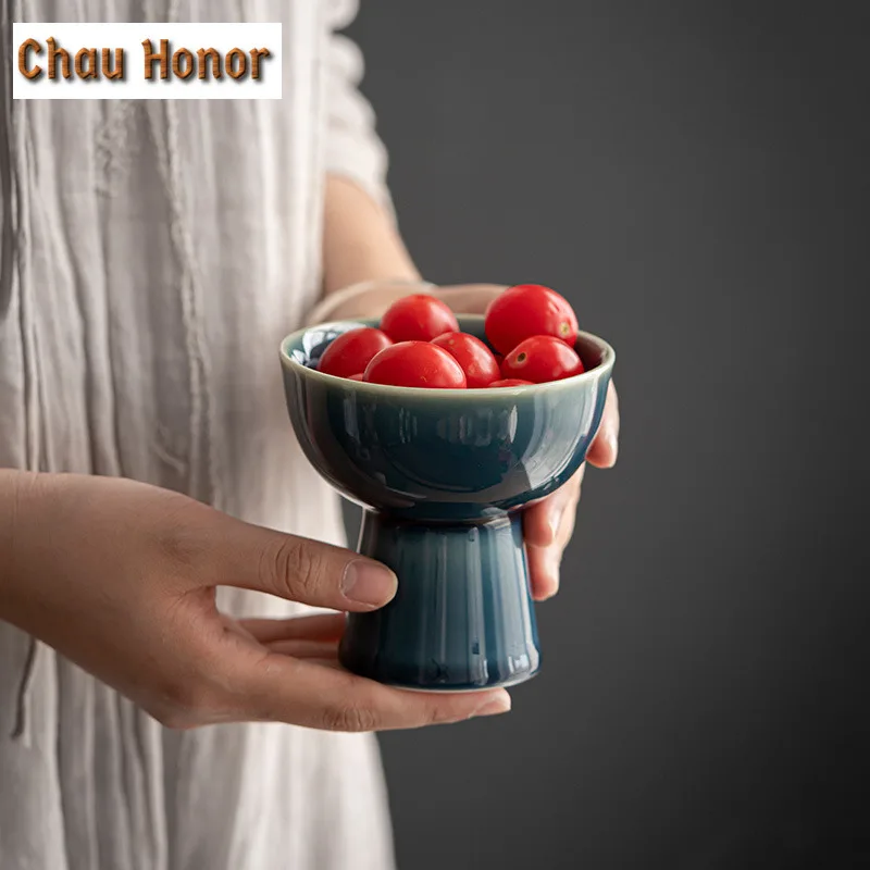 Ceramic Plate Tall Feet Fruit Plate Round Salad Bowl Dessert Cake Pan Snack Tray Decorative Plates Tableware Display Stand Gift