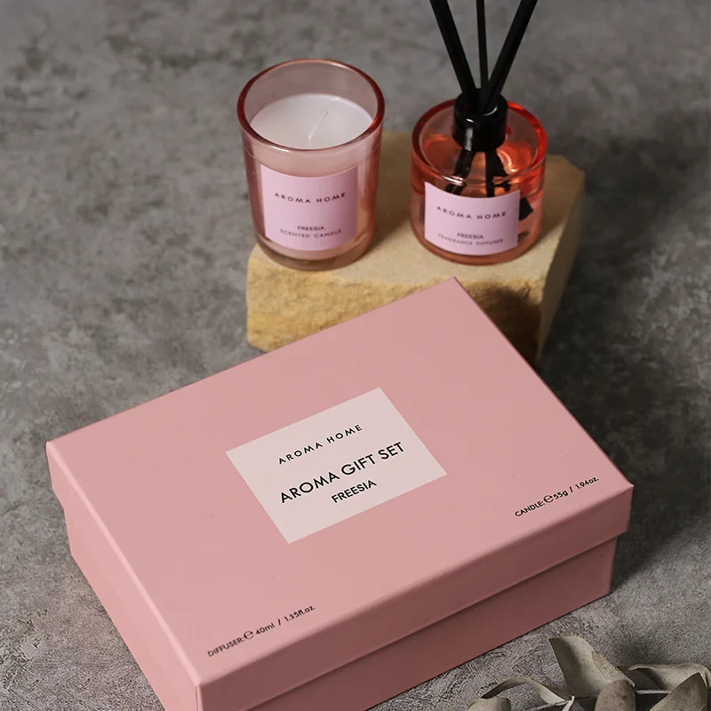 Caja de regalo para aromaterapia, Juego de 2 piezas, aceite esencial de ratán hecho a mano, vela perfumada transparente, lámpara, regalo de retorno, difusor de fragancia