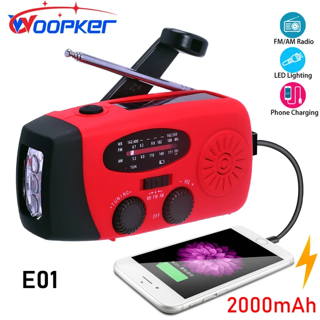 Woopker E01 Emergency Radio Hand Crank Solar USB FM/ AM/ NOAA WB Weather Radios LED Flashlight 2000mAh Power Bank