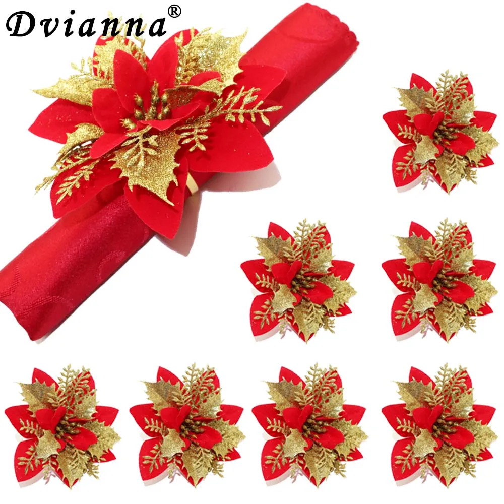 

8Pcs Gold Artificial Poinsettia Flower Napkin Rings Holder for Xmas New Year Wedding Party Dinning Table Decoration HWC251