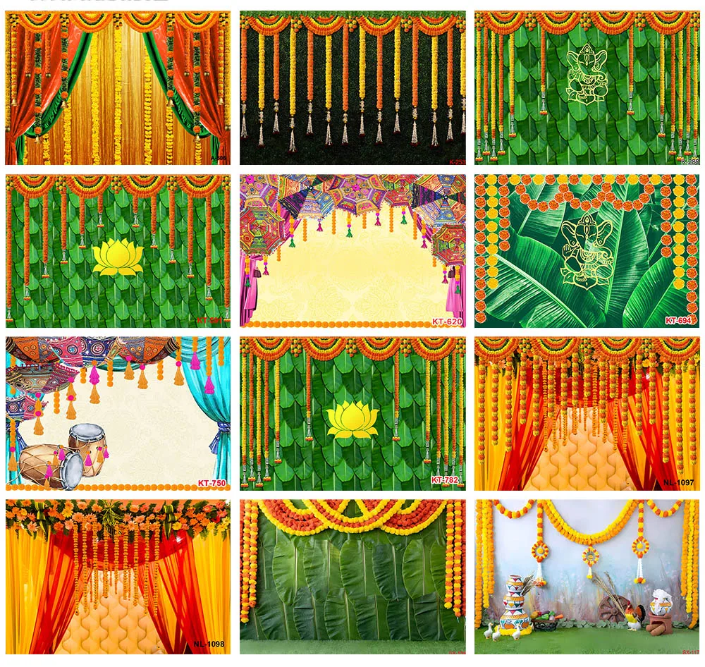 

Традиционный фон с индийским пехушом, зеленые банановые листья, чайя Ганеш, праздничный фон для фотографий, Свадебная вечеринка