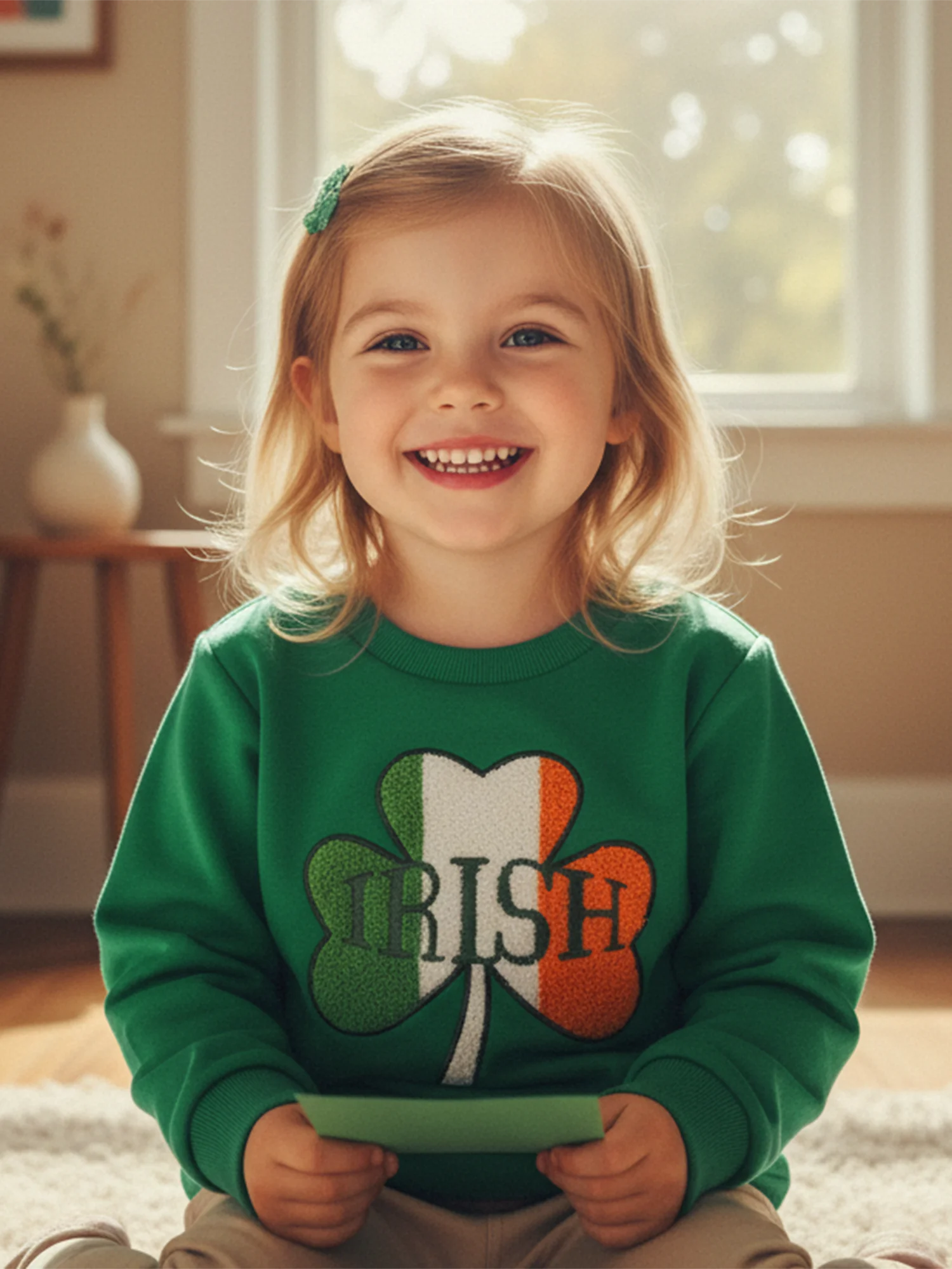 Girls St Patrick s Day Shamrock Hoodies Long Sleeve Crew Neck Embroidered Pullover with Four Leaf Clover Design