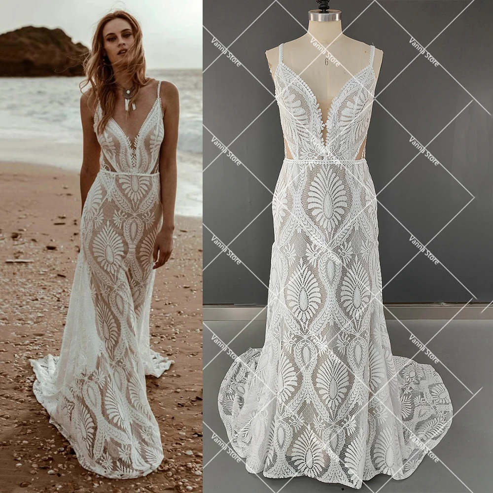 

Beach Spaghetti Straps Lace Wedding Party Gowns Backless Custom Made Destination Deep V-Neck Rustic Long Mermaid Bridal Dress