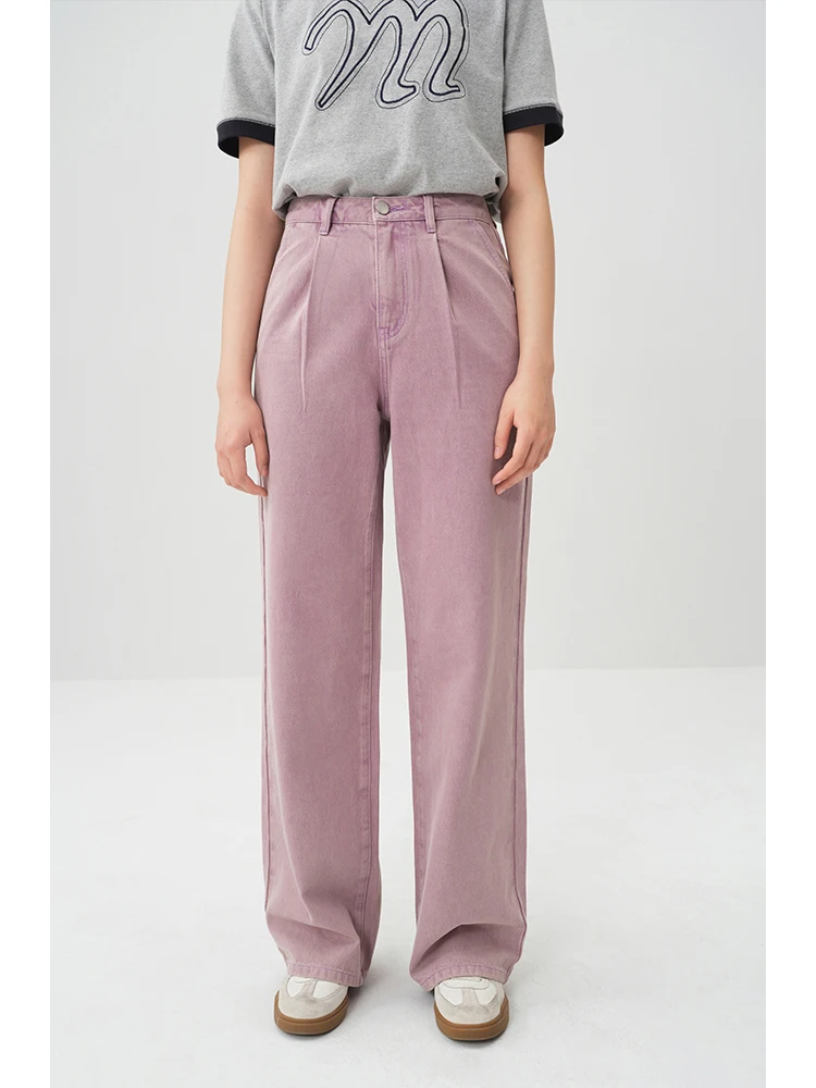 ZIQIAO Straight-leg Pink Jeans for Women High-waist Slim Floor-length Pants 2024 Spring New Wide-leg Chic Style Trousers Female 2
