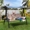 Outdoor Porch Swing with Polycarbonate Hardtop,  3 Seat Patio Swing with Convertible Backrest,  2 Side Cup Holder 6