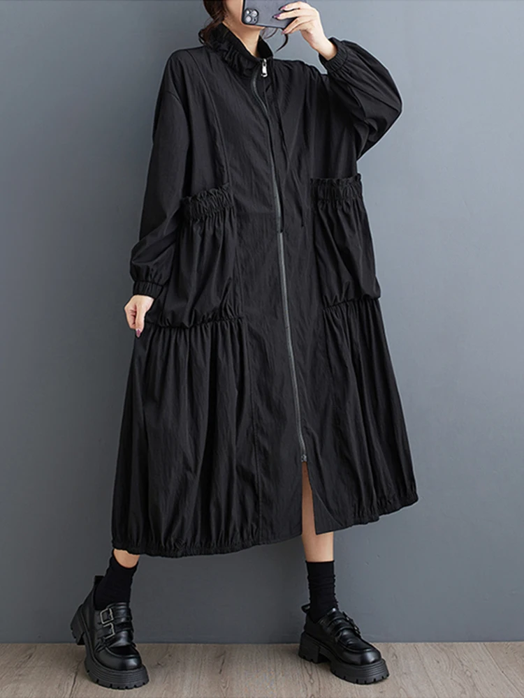 Khaki Oversized Zipper Long Trench Coat For Women Patchwork Pocket Casual Loose Vintage Outerwear Cardigan Autumn Winter 2024