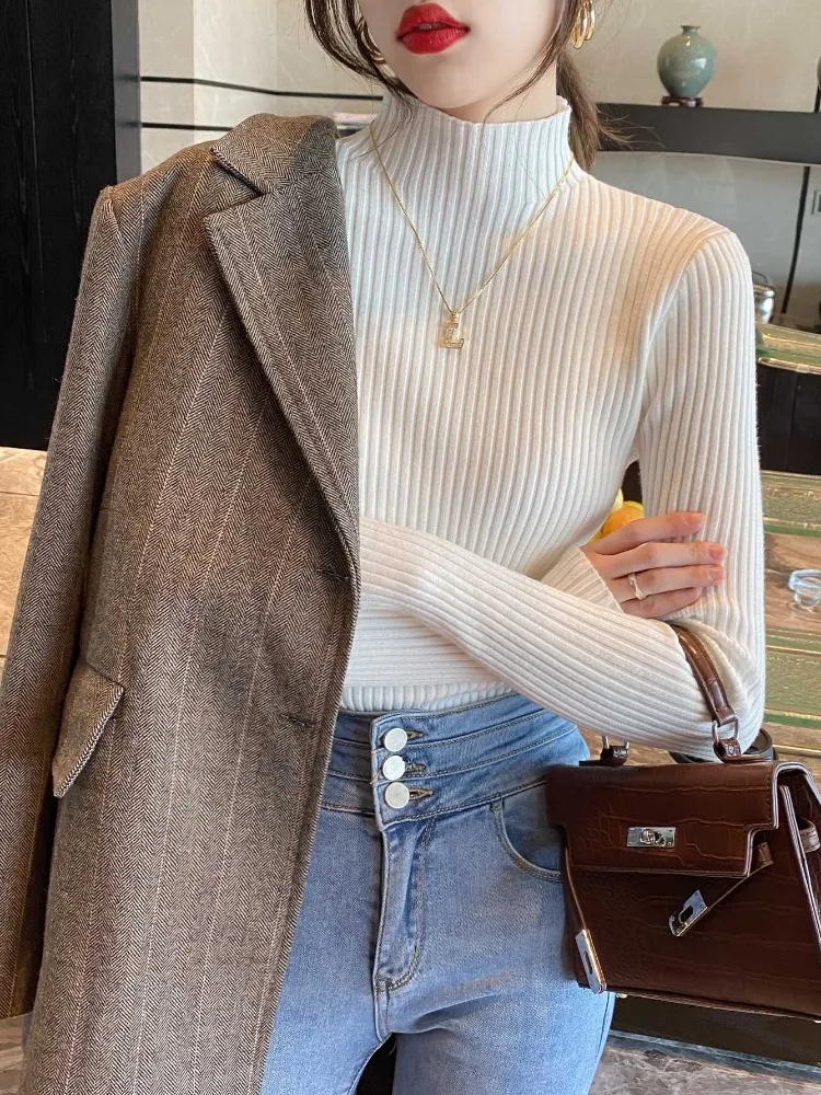 Autumn and Winter New Women's Semi-turtleneck Long-sleeved Sweater Solid Color Elegant Knitwear Thin Bottoming Shirt