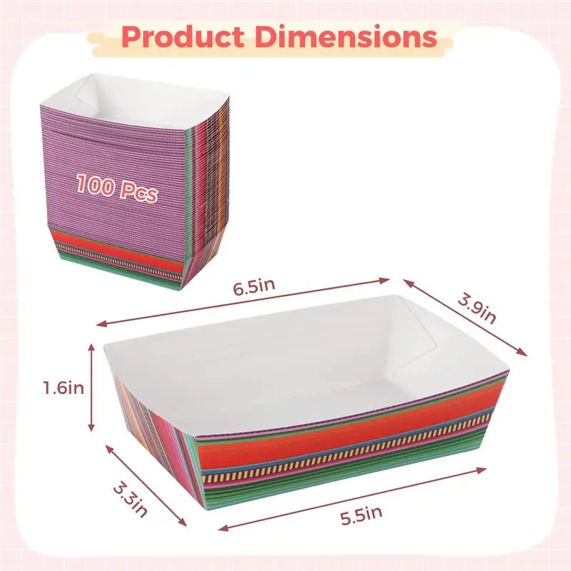 100Pcs Mexican Food Trays Disposable Snack Trays Paper Boat Holders Fiesta Party Favors Cinco De Mayo Supplies Food Serving Tray