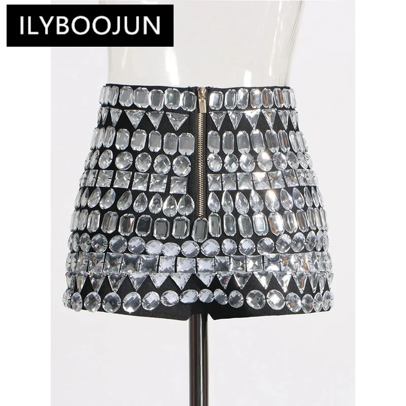 ILYBOOJUN Sexy Slimming Shorts For Women High Waist Patchwork Diomands Spliced Zipper Chic Short Pants Female Fashion Clothes