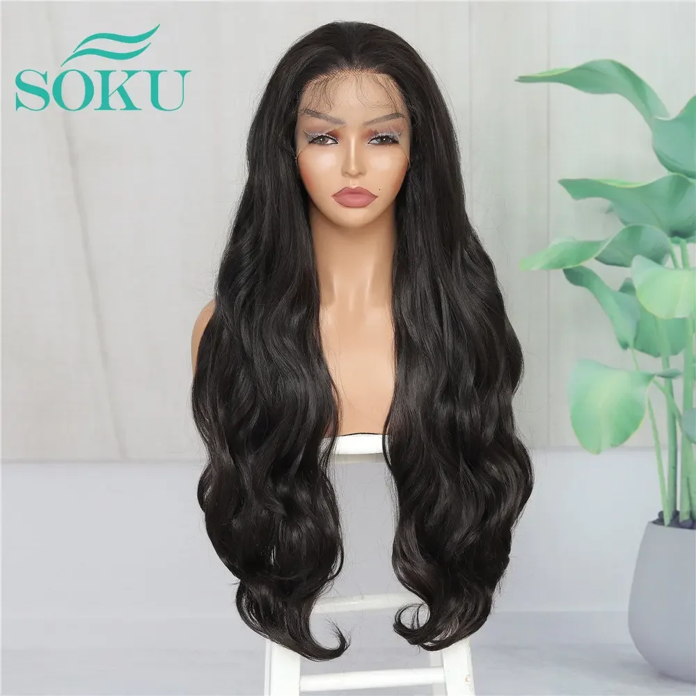 

SOKU Body Wave 13x4 синтетические кружевные передние парики для женщин 28 дюймов черный цвет длинные волнистые свободные части предварительно выщипанные прозрачные кружевные парики