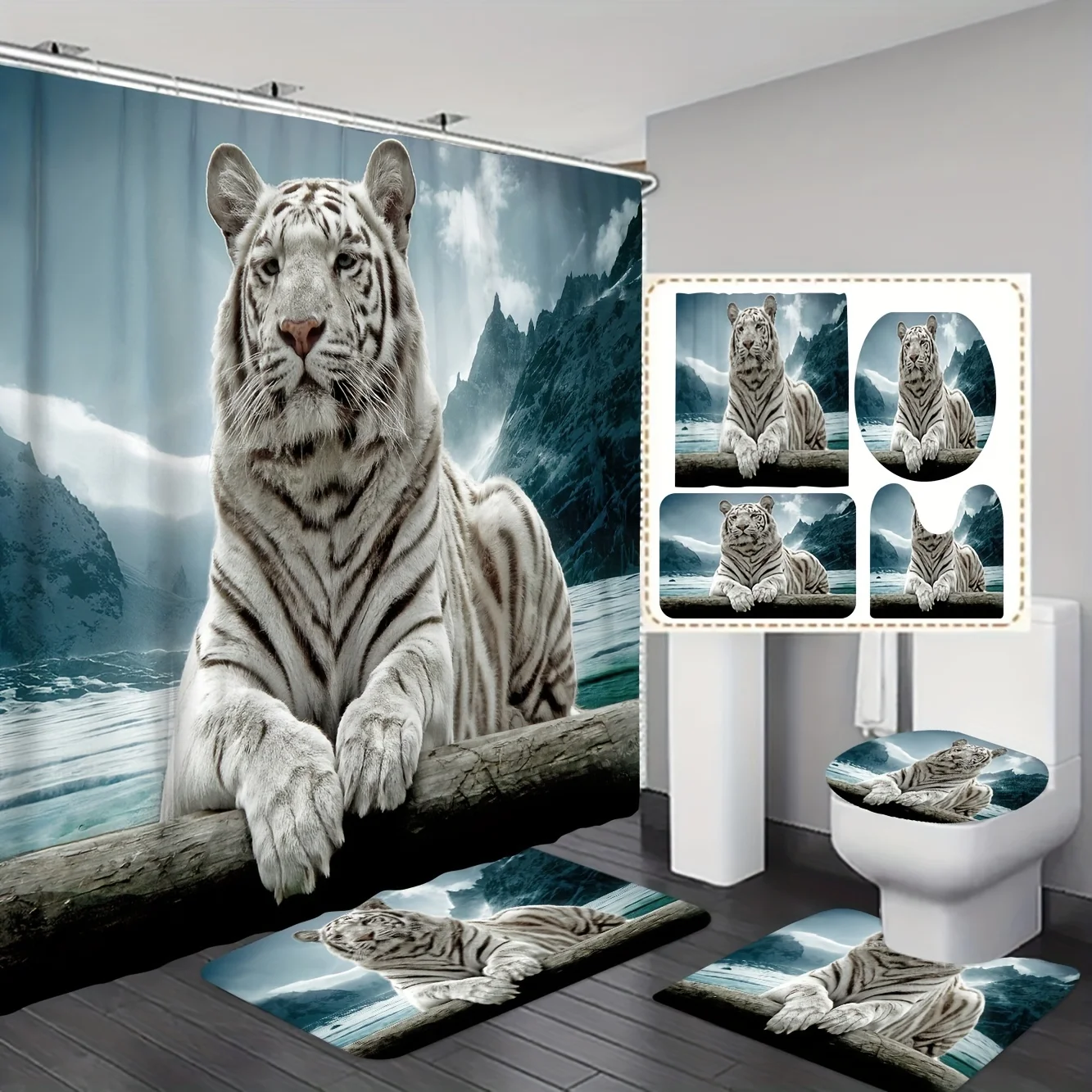 

Fierce Beast Tiger Print Waterproof Shower Surtain 4PCS with Carpet Nature Theme Animal Nature White Tiger Fabric Carpet Toilet
