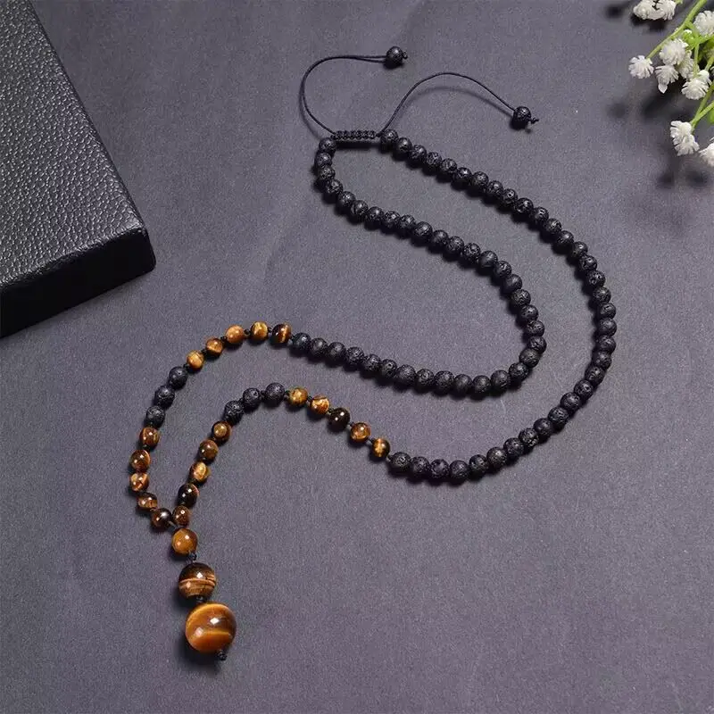 Vintage Volcano Stone Beaded Woven Necklace 16mm Natural Tiger Eye Stone Pendant Necklace Essential Oil Yoga Necklace