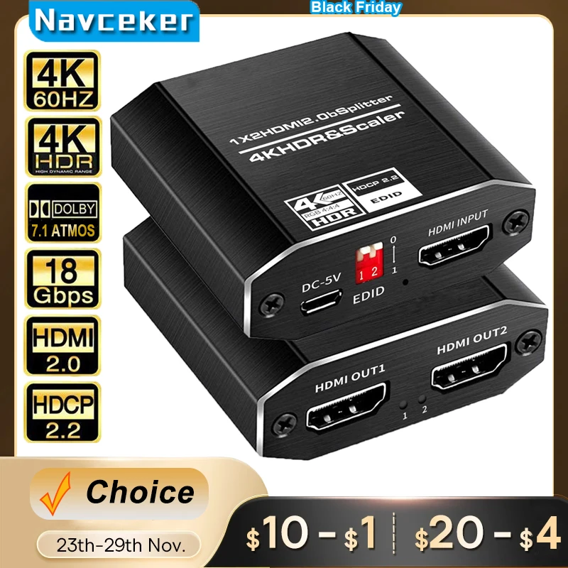 Proav 4K Uhd Hdmi Splitter 2.0 1X2 Hdmi 2.0 Splitter Hdcp 2.2 Hdr Splitter Hdmi 2.0 4K Hdmi2.0 Splitter Per Blu-Ray Dvd Ps3 Ps4