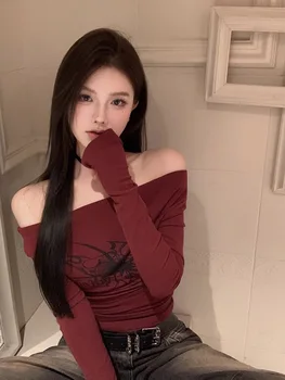 T Shirt Women Long Sleeve Off Shoulder Y2k Vintage Tops Streetwear Korean Style Crop Tops Autumn 1