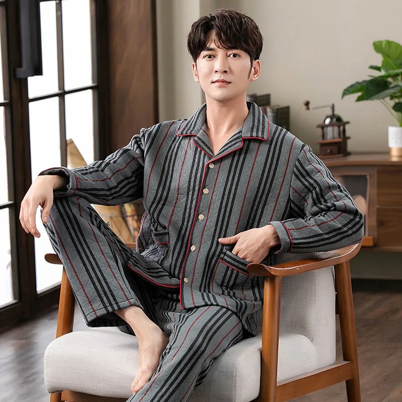 Men Pajamas Autumn Winter Knitted Cotton Casual Large Size Male Sleepwear Sets Air Cotton Medium Thick Plaid Homewear Suit 2024