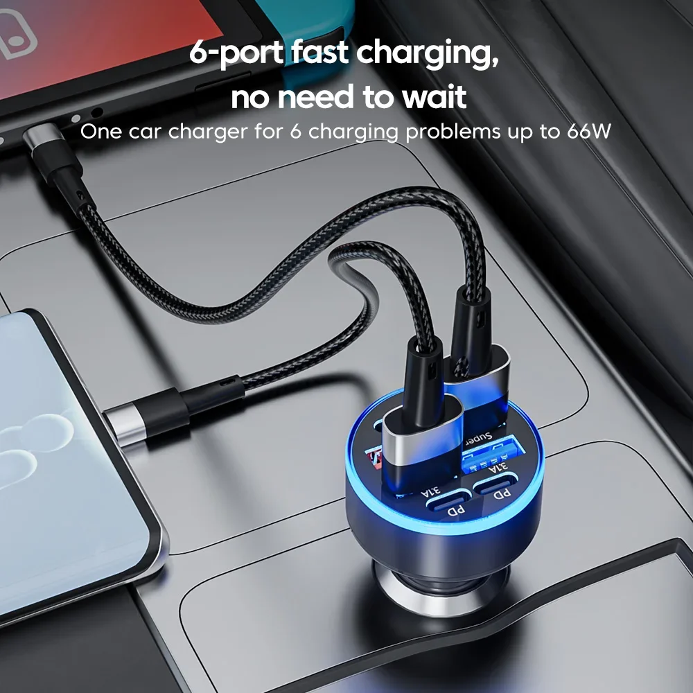 High-Powered 100W USB Car Charger with Fast Charging and Type C - 6-Port Adapter