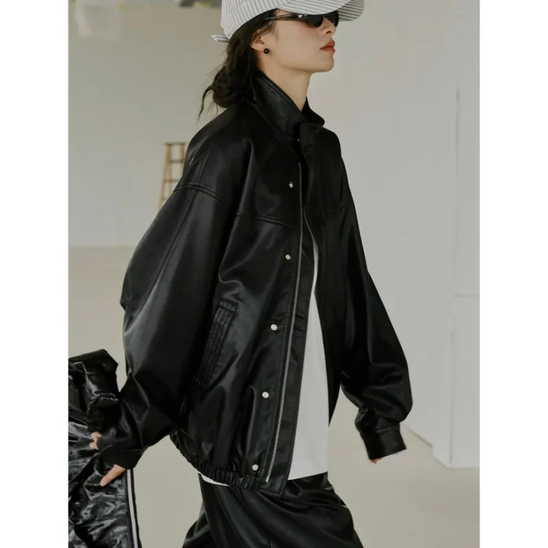 Autumn PU Leather Black Jacket Women Loose Korean Style Retro Coat Modern Motorcycle Slim Clothes Casual Solid Stand Collar Tops