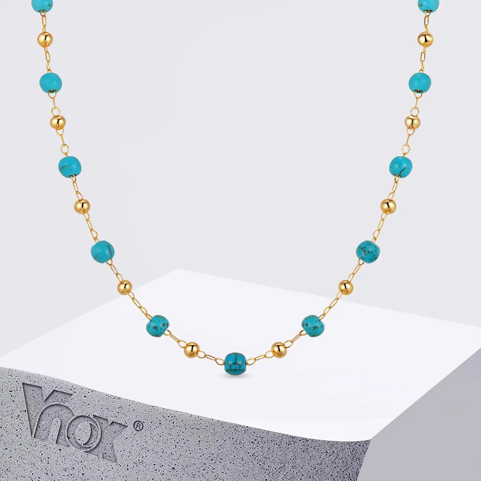 Vnox Charm-Halskette mit türkisfarbenen Perlen für Damen, böhmischer Stil, hübsche Kette, Schmuck, Geschenke für Mädchen