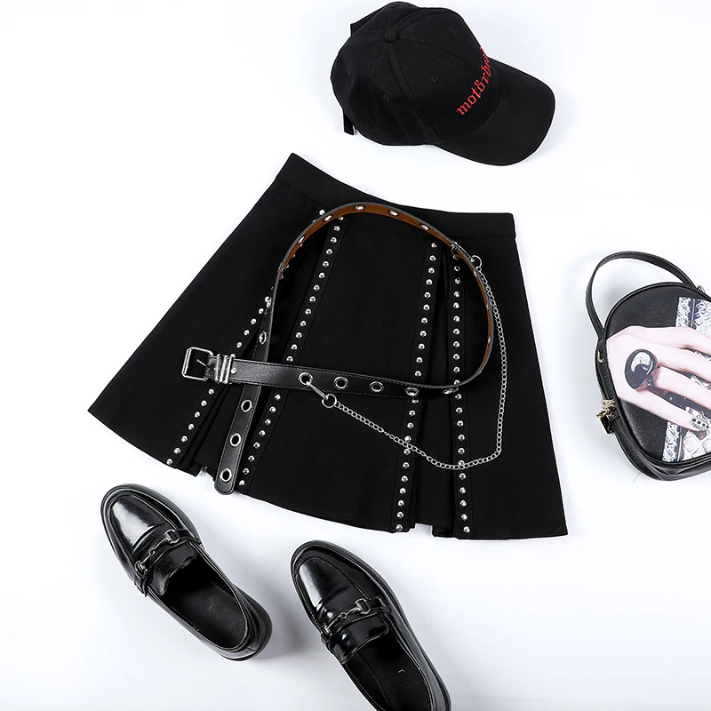 Women A-Line High Waist Chic Retro Harajuku Short Pastel Goth Skirts 2023 Summer Fashion Punk Rivet Mini Skirt