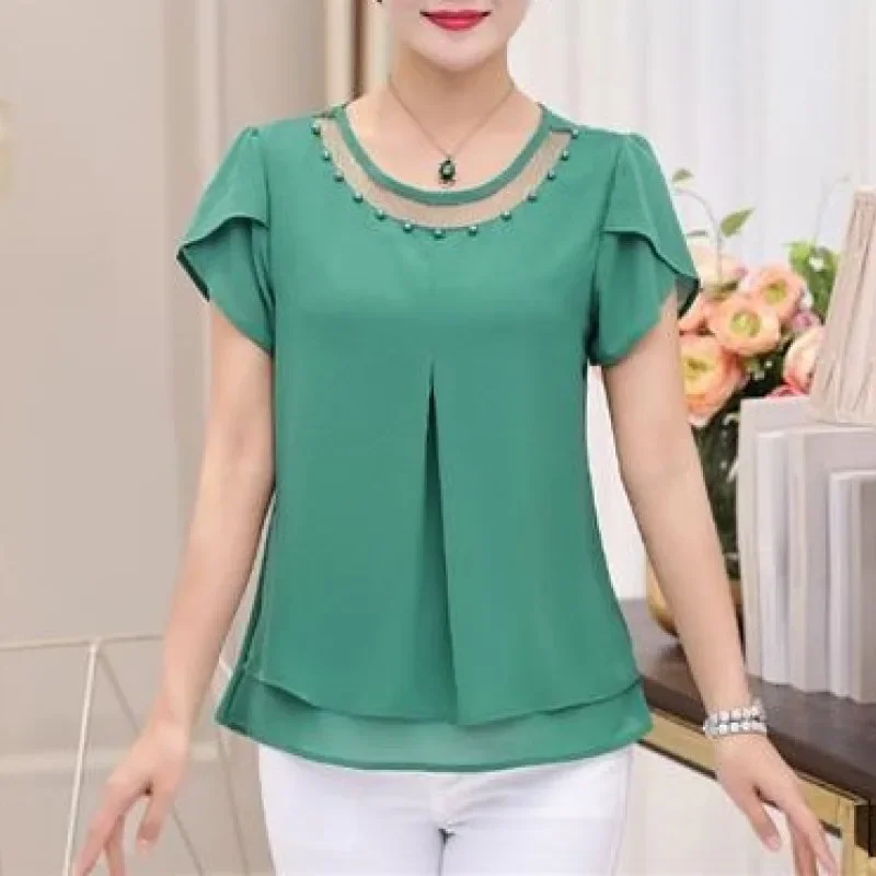 

Women's Tshirt Summer Short Sleeve Large Chiffon Fashion Crew Neck Gauze Hollow Out Patchwork Blouse Loose Fashion Elegant Tops