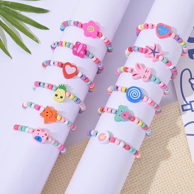 Pulseras de madera coloridas para niñas, Kit de pulseras de moda para  niños, joyería de amistad