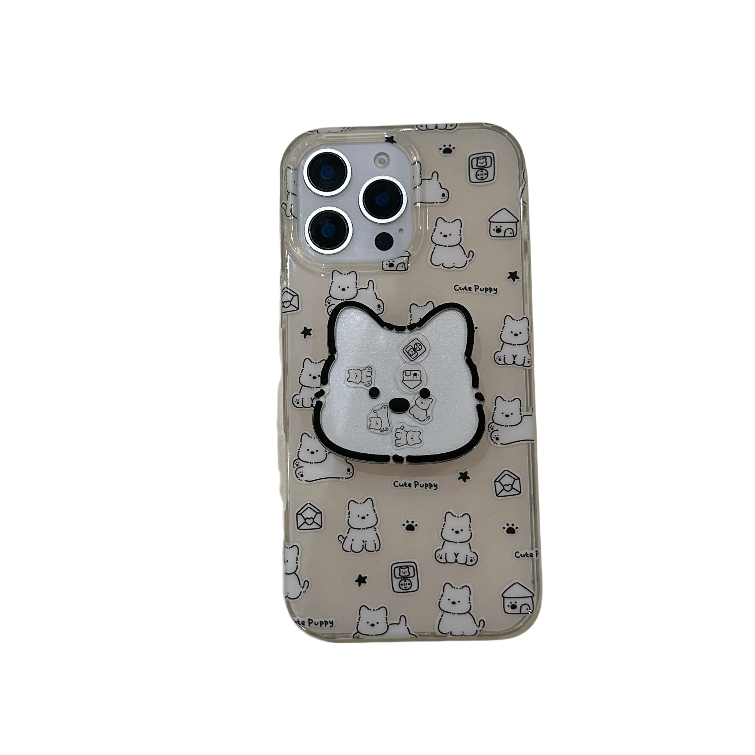 Ins Full Screen Cute Little Dog AndWobble Bracket Phone Case for iPhone 16 15 14 13 Pro Max Back Cover Funda