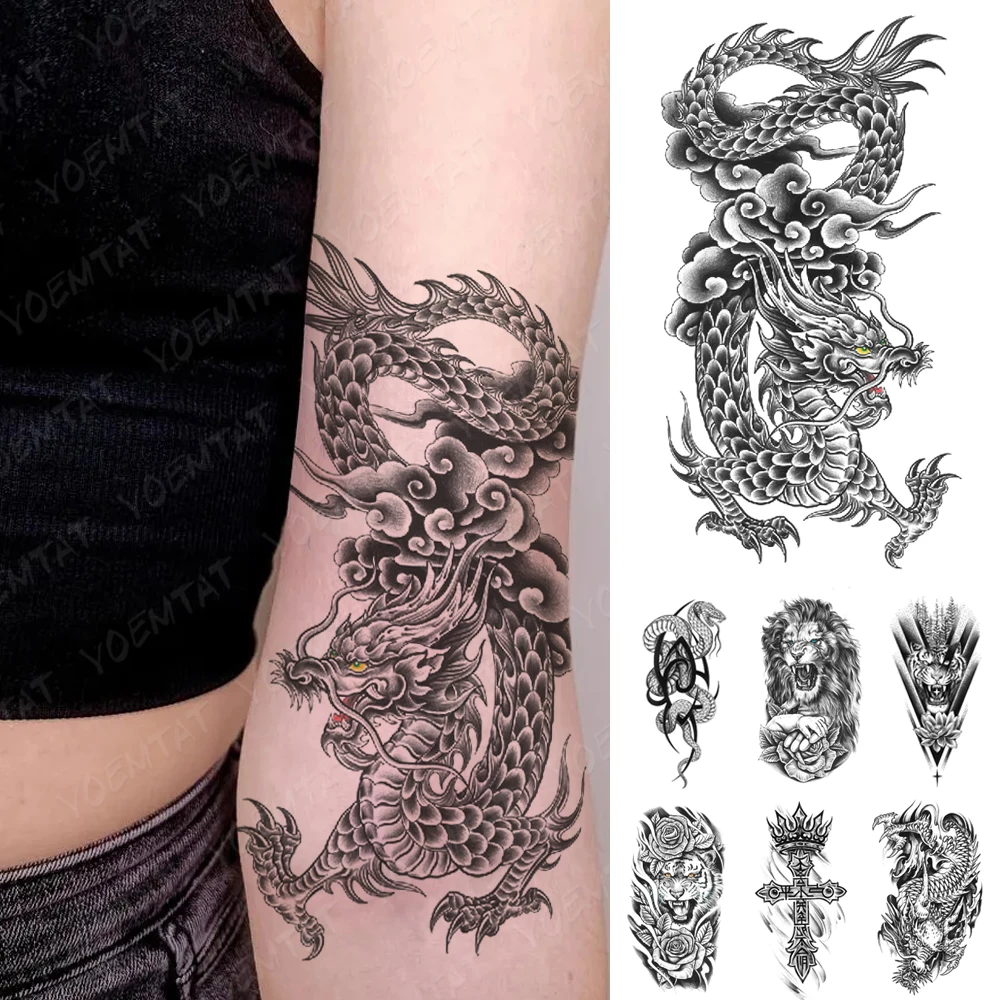 

Waterproof Temporary Tattoo Sticker Chinese Style Black Flying Dragon Snake Tatoo Body Art For Women Men Arm Sleeve Fake Tattoos