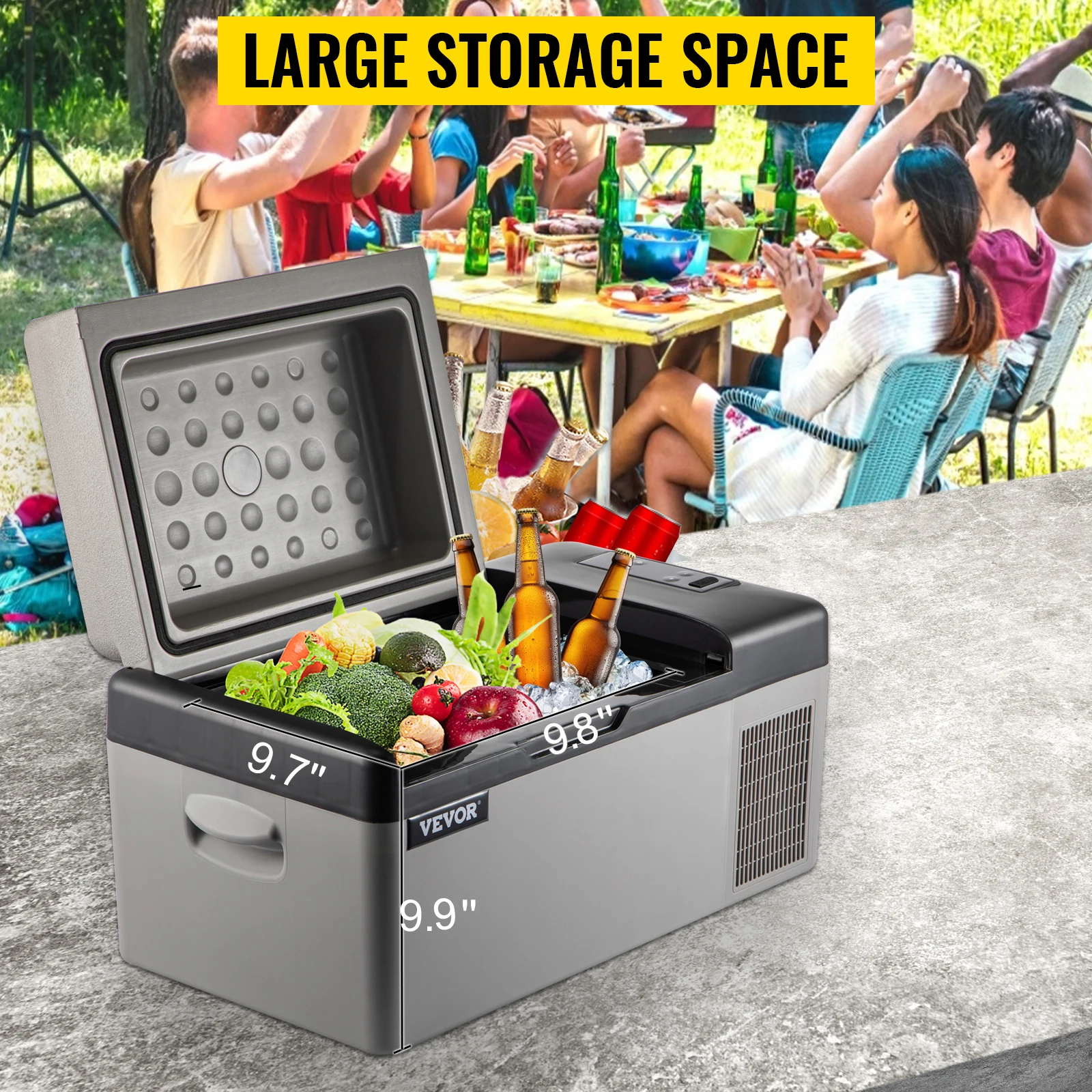VEVOR portable refrigerator with large storage space for drinks and vegetables.