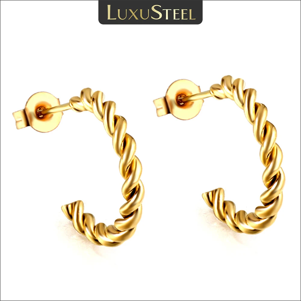 LUXUSTEEL 여성용 간단한 트위스트 로프 후프 귀걸이, 골든 컬러, 스테..