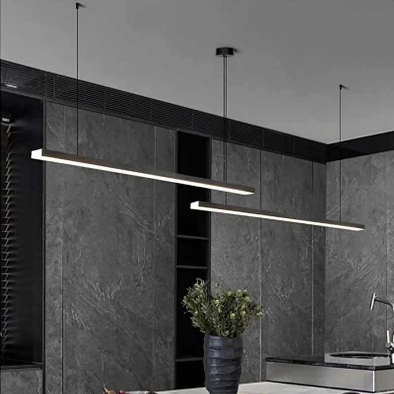 

Nordic minimalist style restaurant chandelier long strip aluminum oxide brushed dining table bar one word chandelier