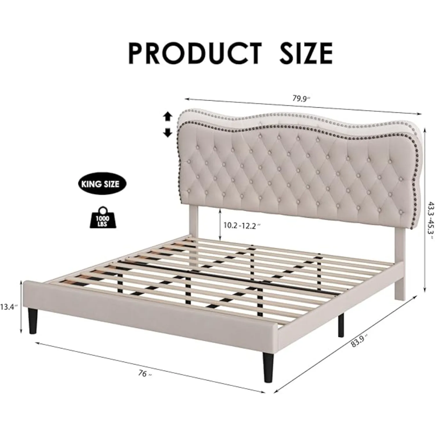 King Size Bed Frame,Upholstered Platform with Adjustable Headboard, Easy Assembly, No Box Spring Needed 2
