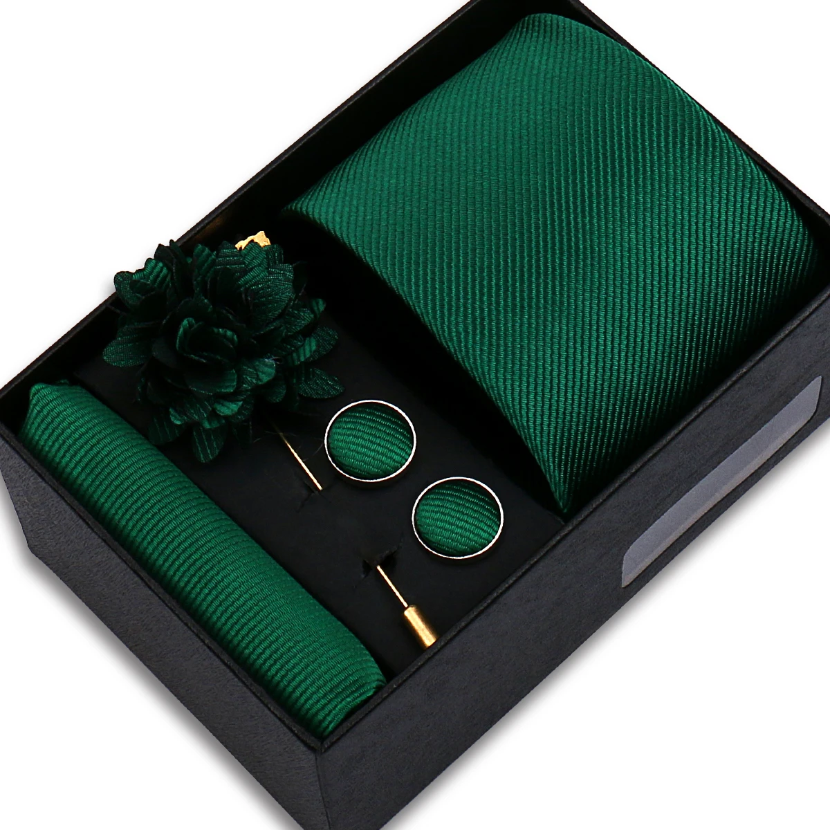 Solid Color Tie Set for Men Flower Pin Necktie Hanky Cufflinks Brooch Set Neck Buckles Flower Lapel