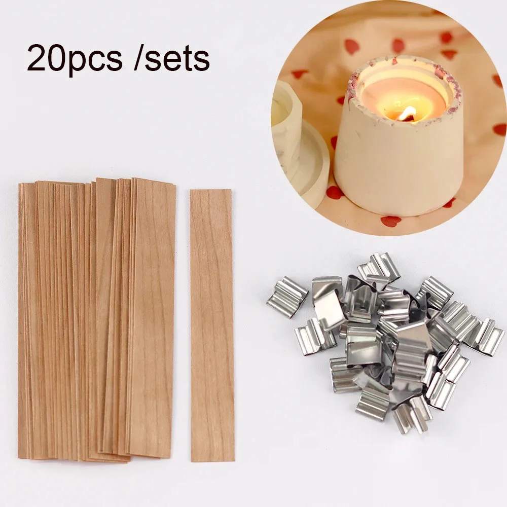 20pcs Wooden Candles Wick DIY Candle Making Kit Smokeless Candle Core with Clip Base Handmade Wood Core Candlewick