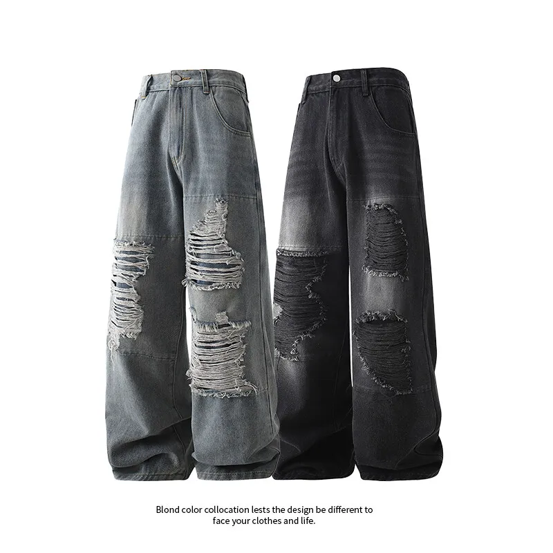 Punk Style Trend Fashion Ripped Jeans Straight leg jeans wide leg pants Hip Hop Clothing
