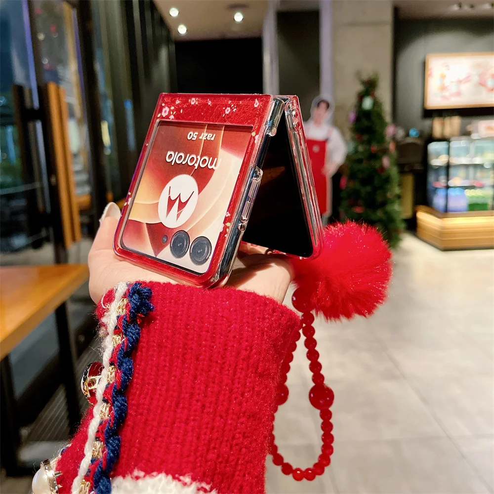 Red Flower Shockproof Protective Phone Case with Bracelet and Hairball Attachment