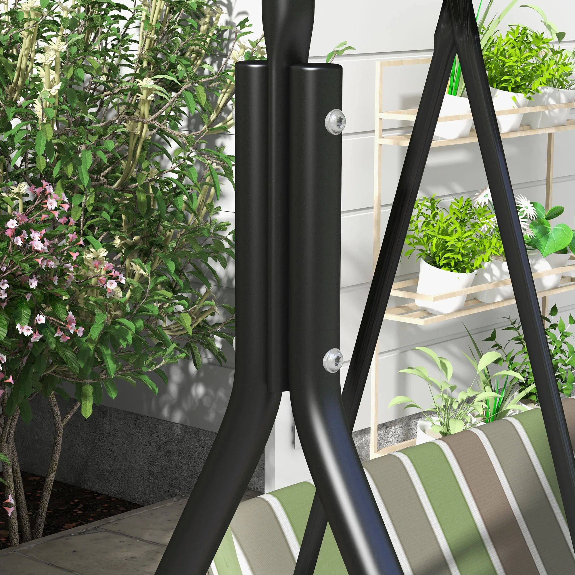 3-Seat Outdoor Patio Swing W/ Canopy & Cushion, Beige & Green 6