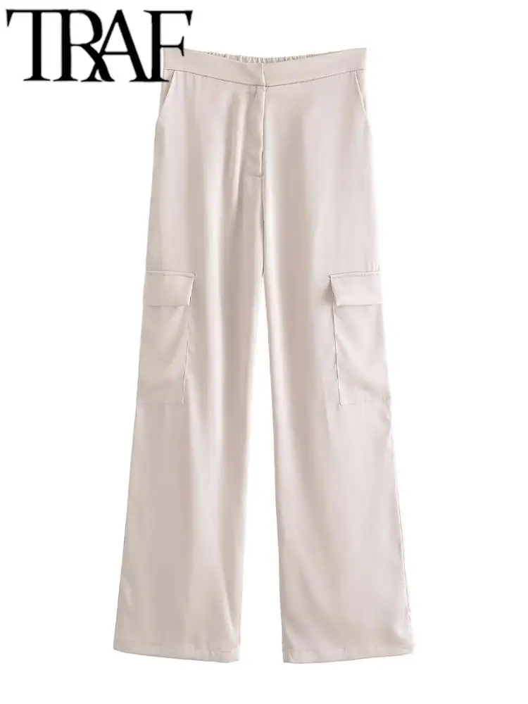 TRAF Summer Fashion Thin Women Satin Cargo Pants Zipper Elastic High