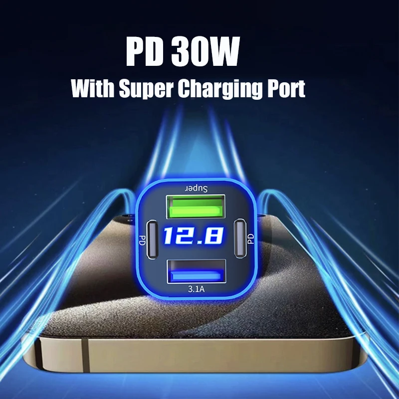 USB C 차량용 충전기 듀얼 PD 초고속 충전 어댑터, 아이폰 15 프로 맥스 14 플러스, 화웨이 원플러스, 삼성 OPPO Vivo용, 4 in 1